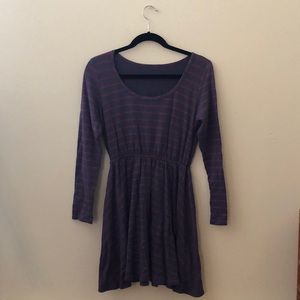 long-sleeve striped blue & red flare dress